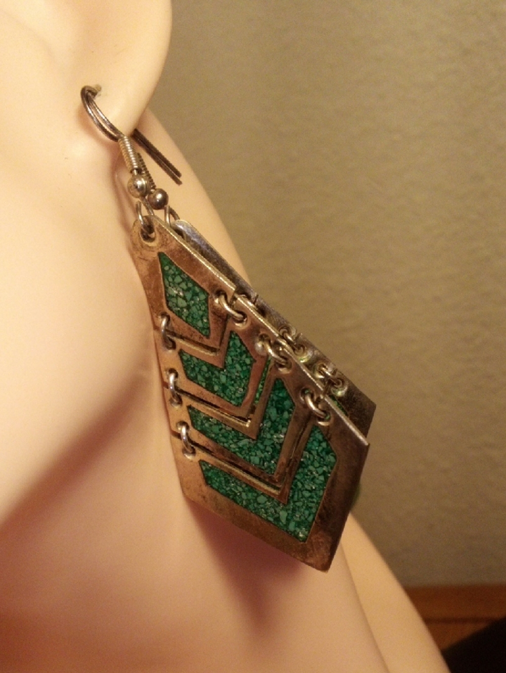 Green Chevron Drop Earrings with Textured Inlay